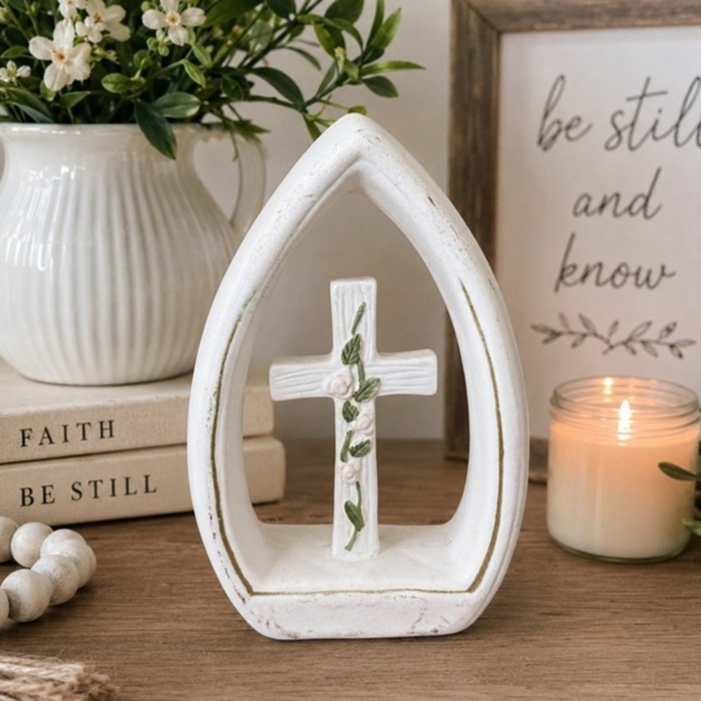 White Floral Cross Figurine Christian Faith Farmhouse Cottage Religious Decor